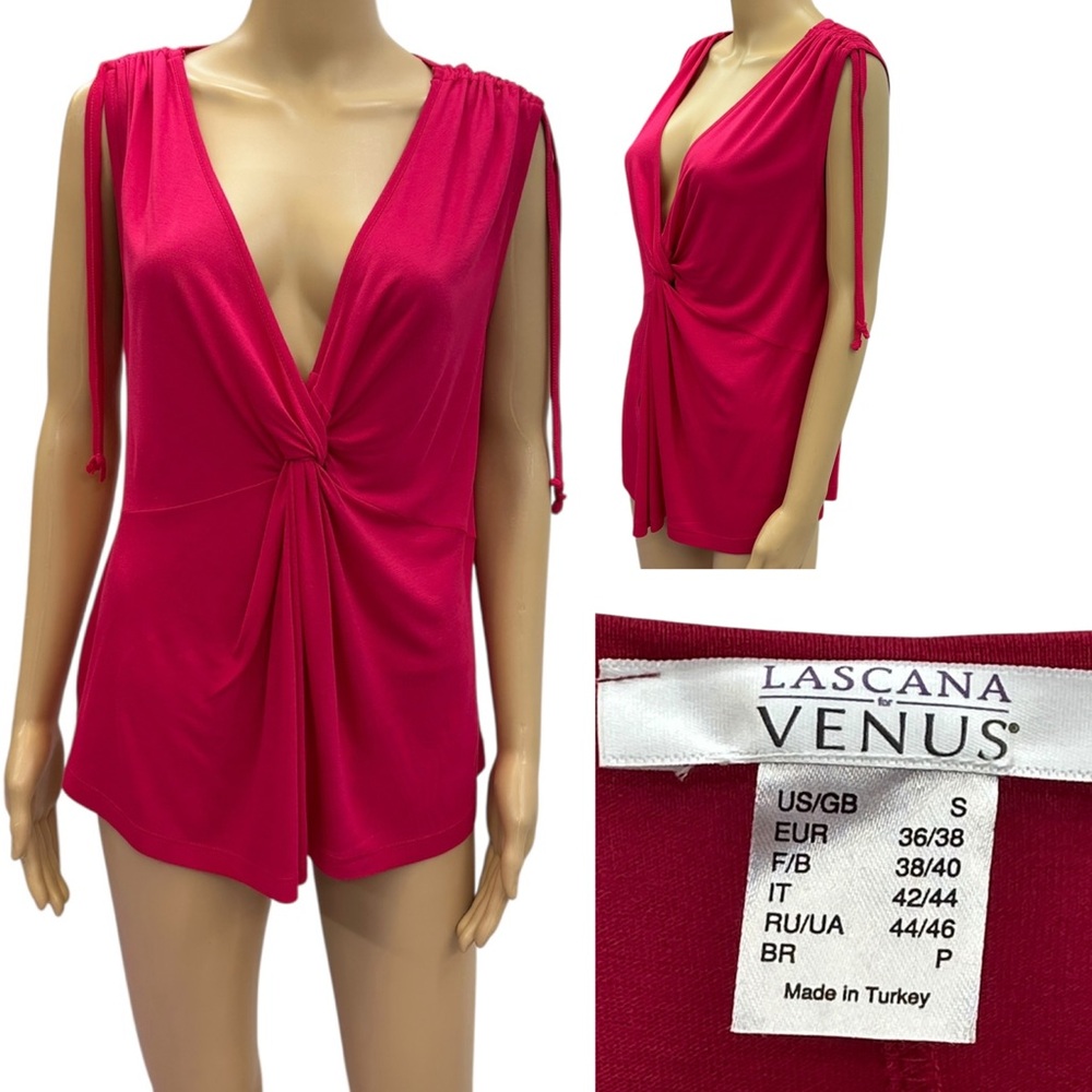 Lascana for Venus Twisted Knot Front V Neck Ruched Tie Sleeveless Top Womens S
